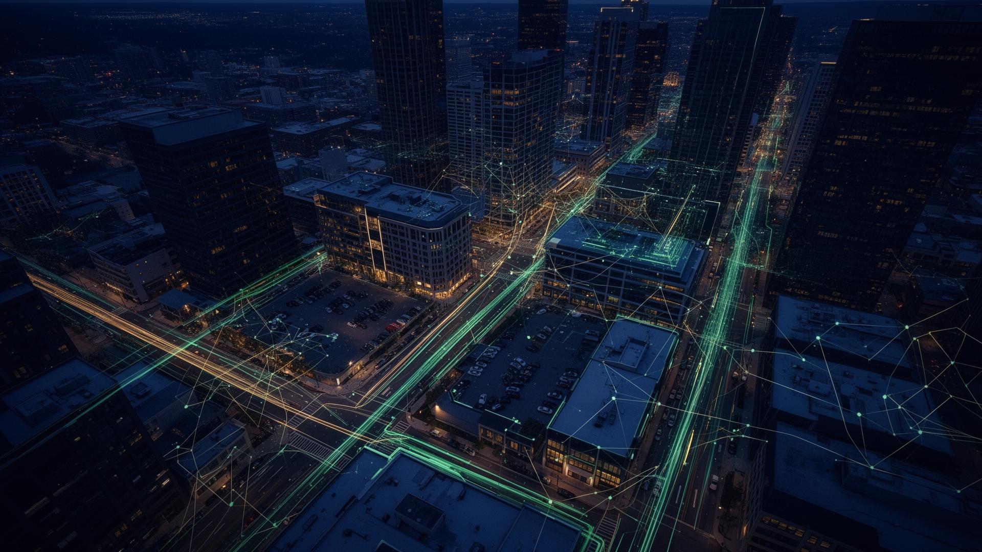 Aerial view of a city with revenue opportunities highlighted by data overlays